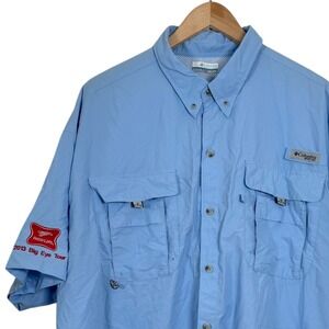 Columbia PFG Mens XXL Blue Short Sleeve Fishing Shirt Miller High Life Tour Omni